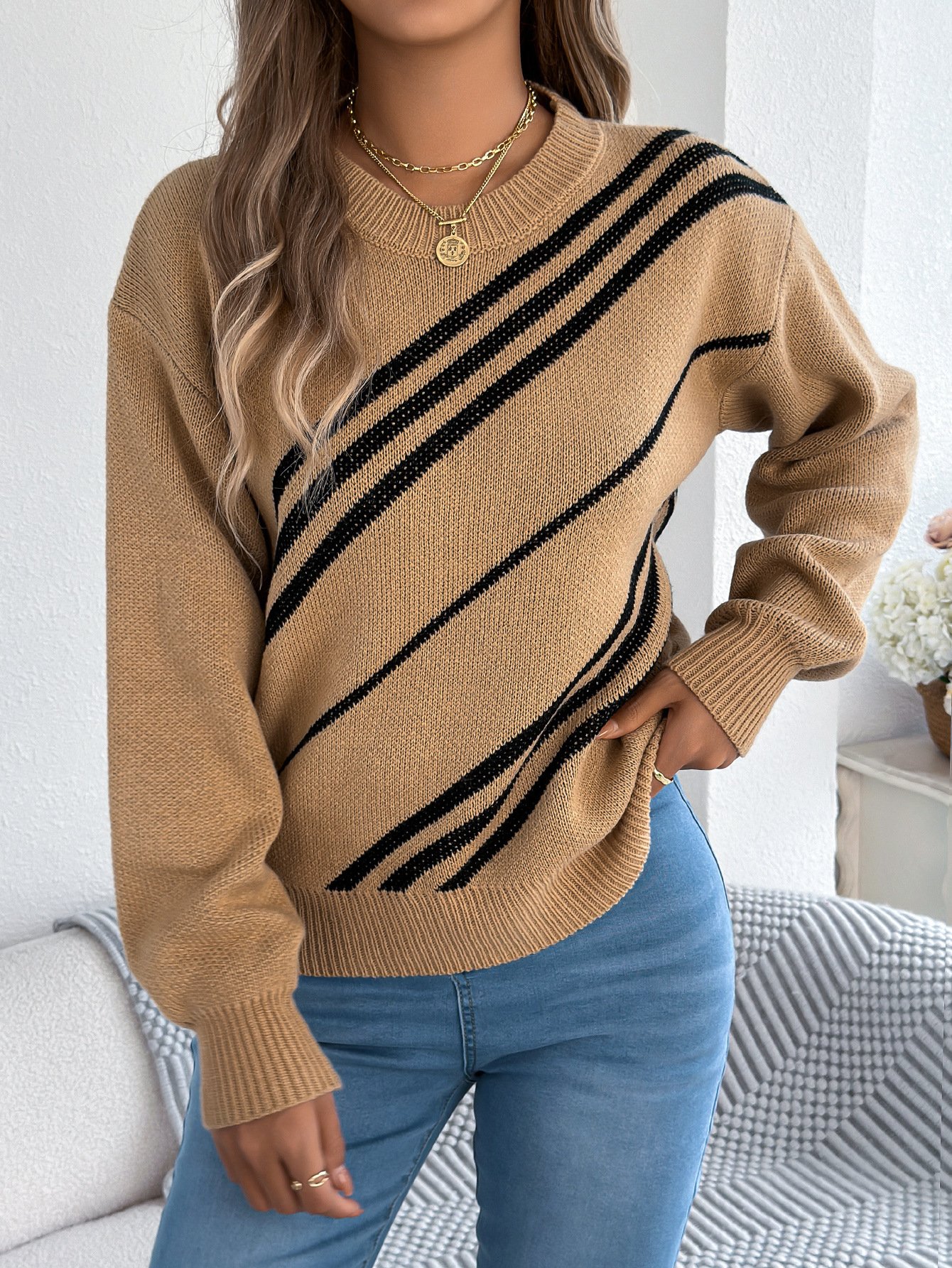 Women Cotton Geometric Long Sleeve Comfy Casual Sweater