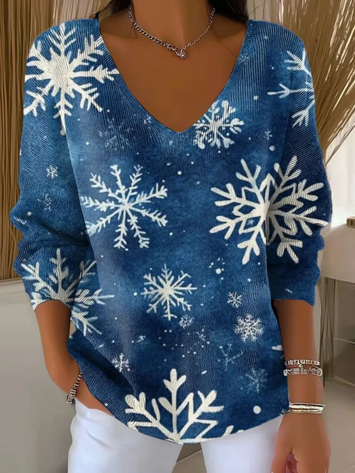 Women Cotton Snowflake Long Sleeve Comfy Casual Sweater
