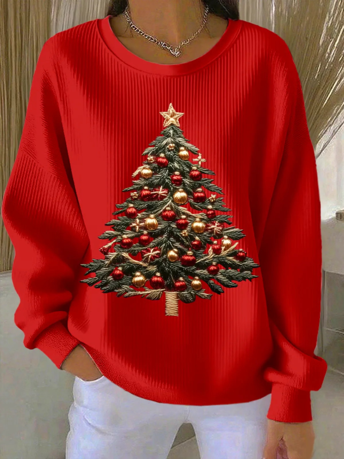 Casual Crew Neck Christmas Tree Sweatshirt