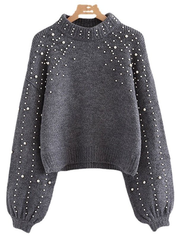 Women Cotton-Blend Plain Long Sleeve Comfy Street Beaded Sweater
