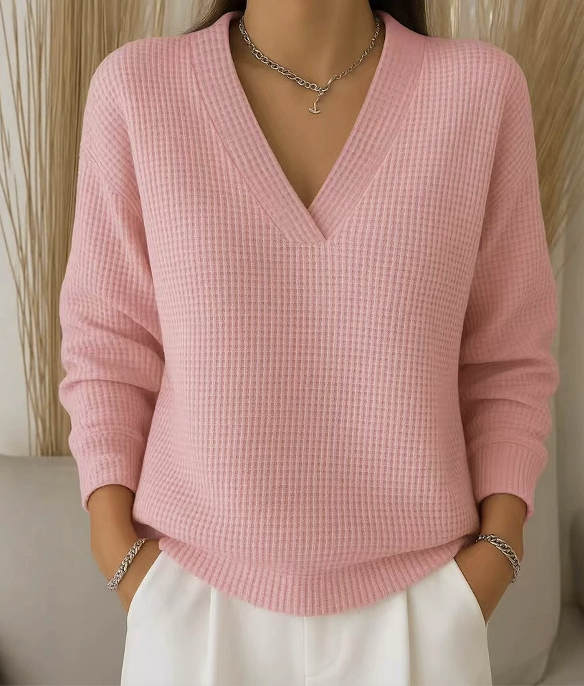 Casual Plain V Neck Long Sleeve T-shirt