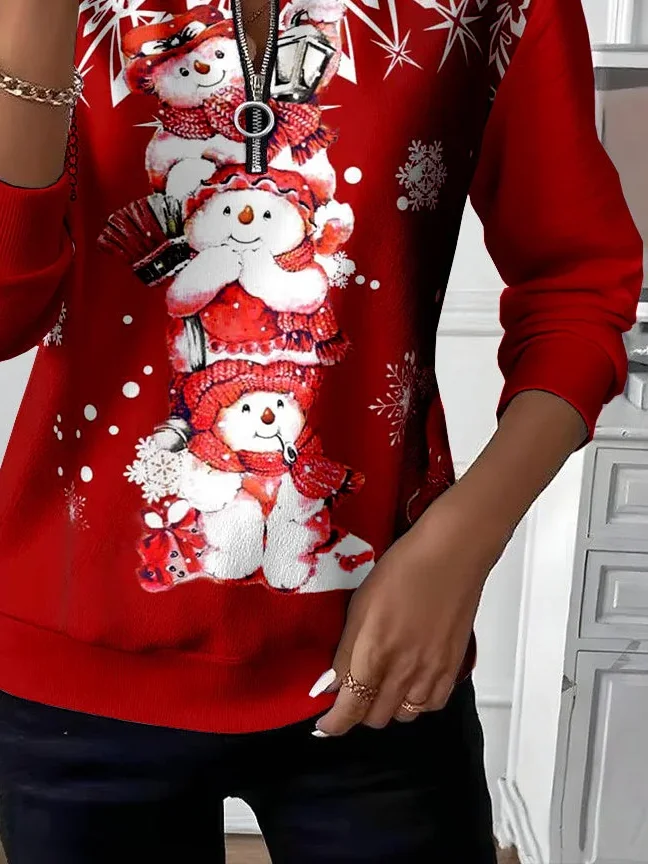 Casual Crew Neck Christmas Snowman Sweatshirt Printing