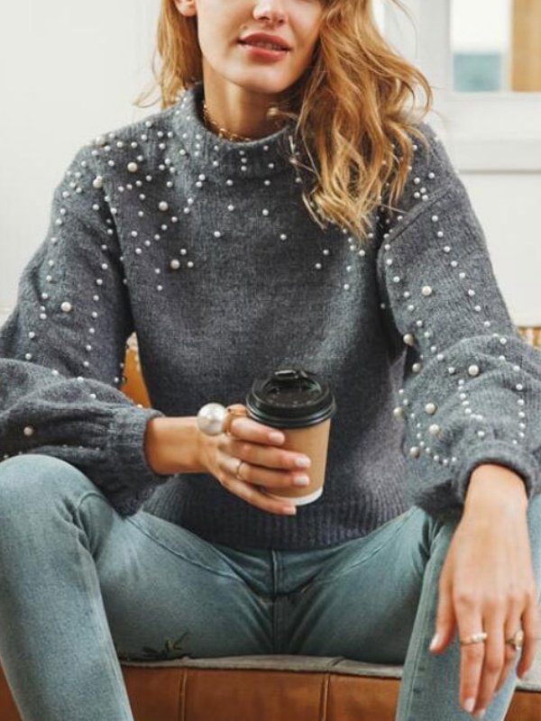 Women Cotton-Blend Plain Long Sleeve Comfy Street Beaded Sweater