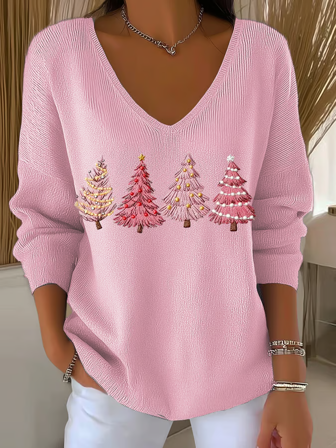 Casual Christmas V Neck Long Sleeve T-shirt