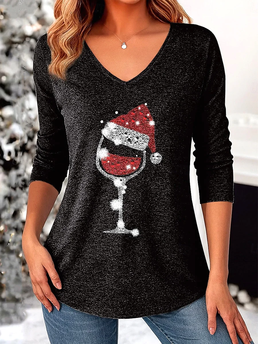 Casual Christmas V Neck Long Sleeve T-shirt