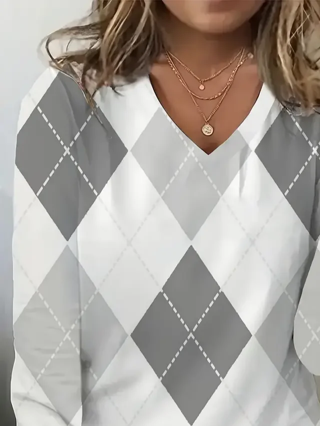 Casual Plaid V Neck Long Sleeve T-shirt