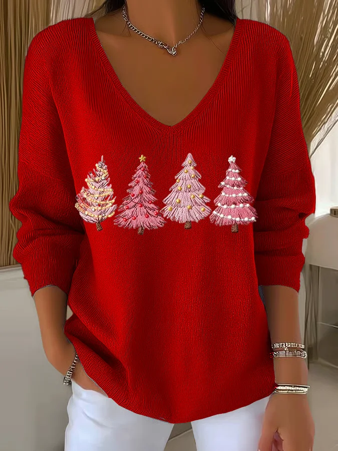 Casual Christmas V Neck Long Sleeve T-shirt