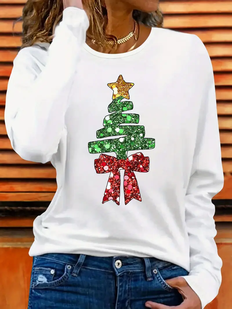 Casual Christmas Crew Neck Long Sleeve T-shirt