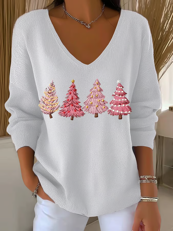 Casual Christmas V Neck Long Sleeve T-shirt