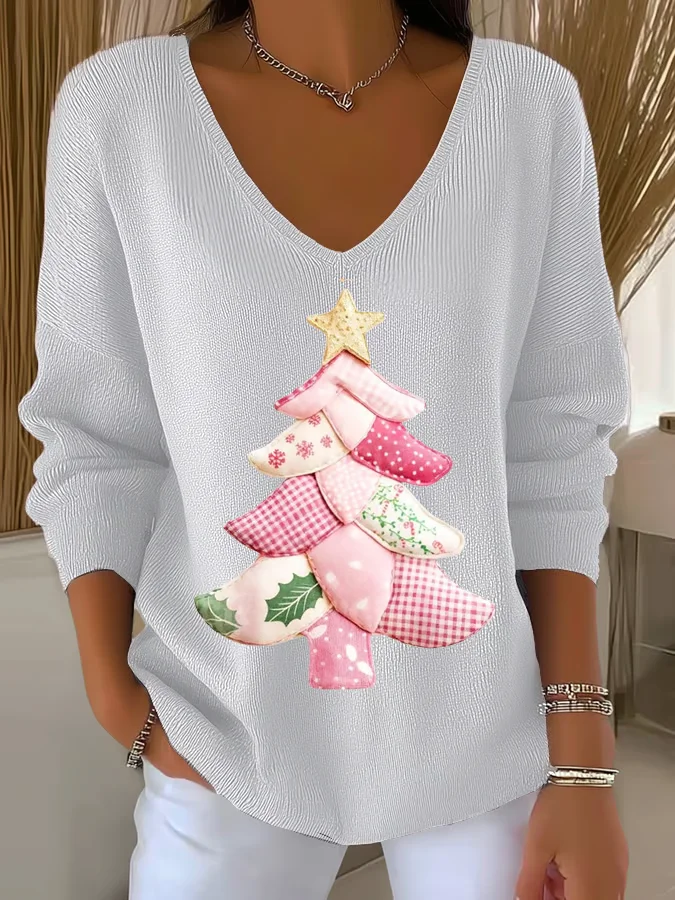 Casual Christmas V Neck Long Sleeve T-shirt