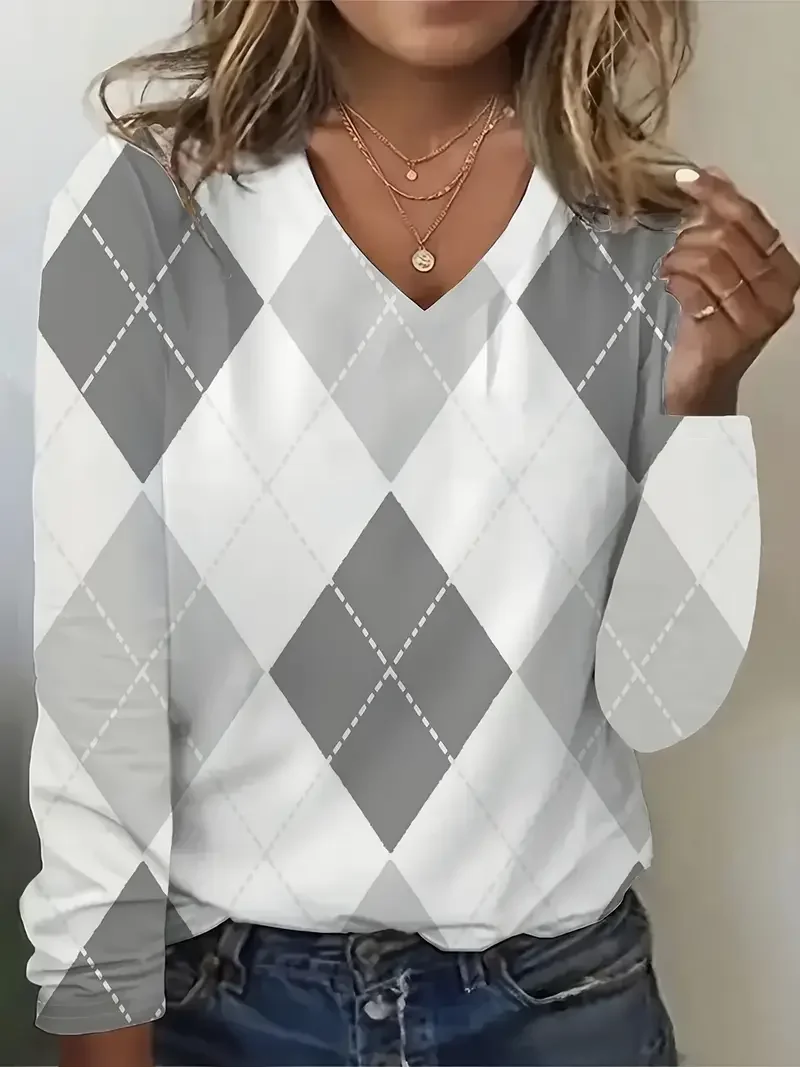 Casual Plaid V Neck Long Sleeve T-shirt