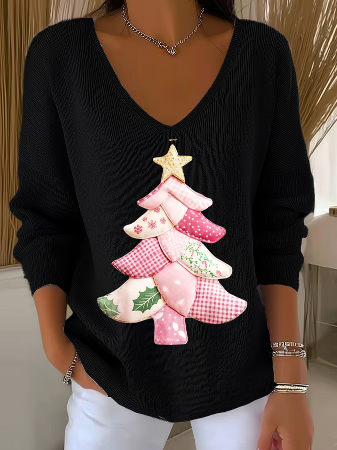 Casual Christmas V Neck Long Sleeve T-shirt