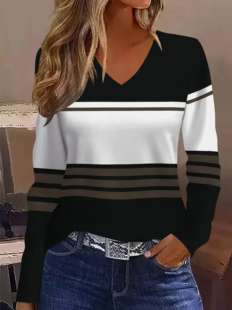 Casual Striped V Neck Long Sleeve T-shirt
