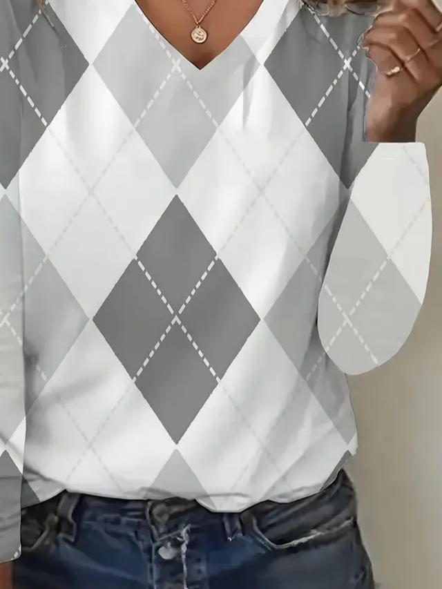 Casual Plaid V Neck Long Sleeve T-shirt
