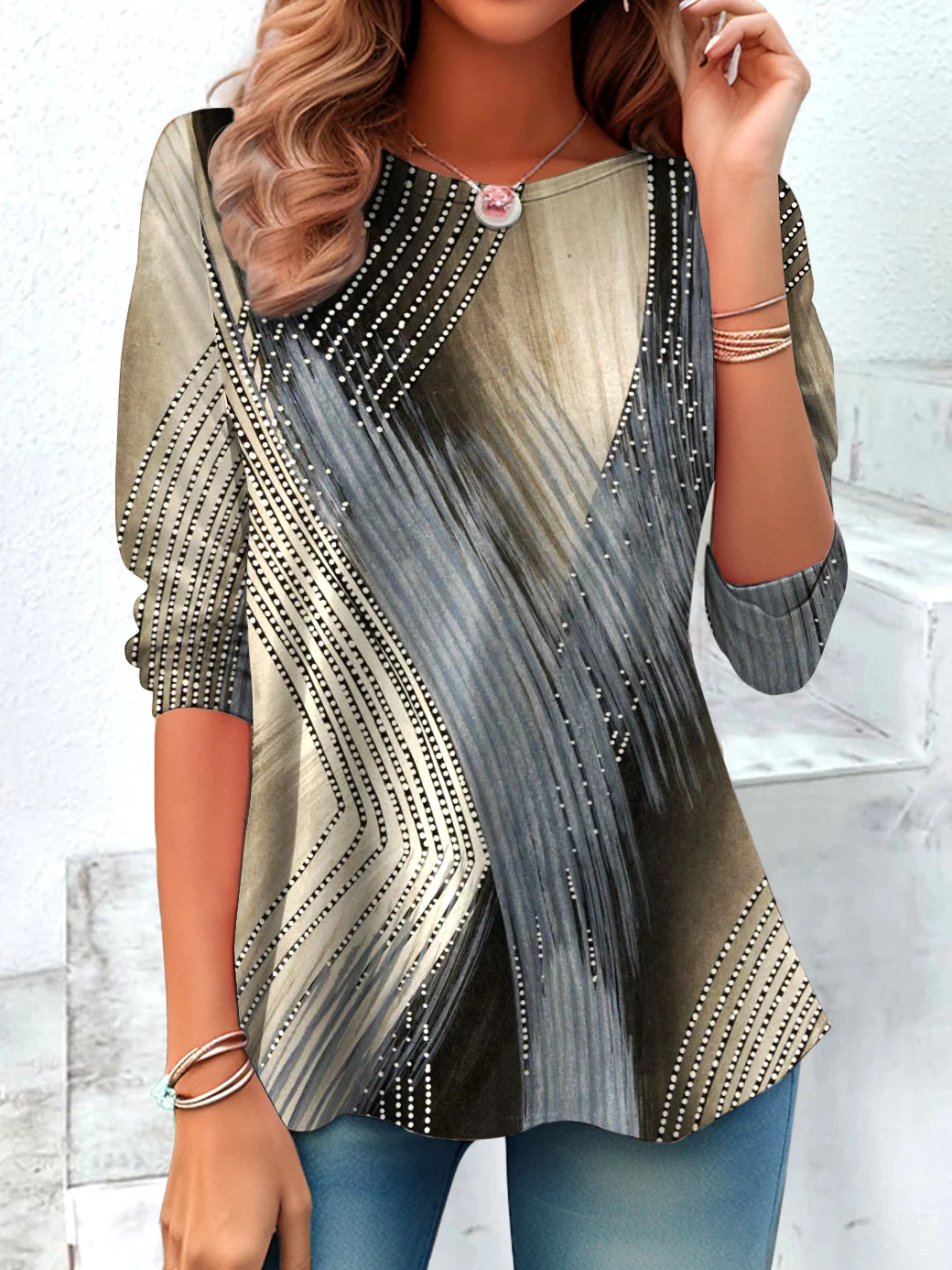 Casual Geometric Crew Neck Long Sleeve T-shirt