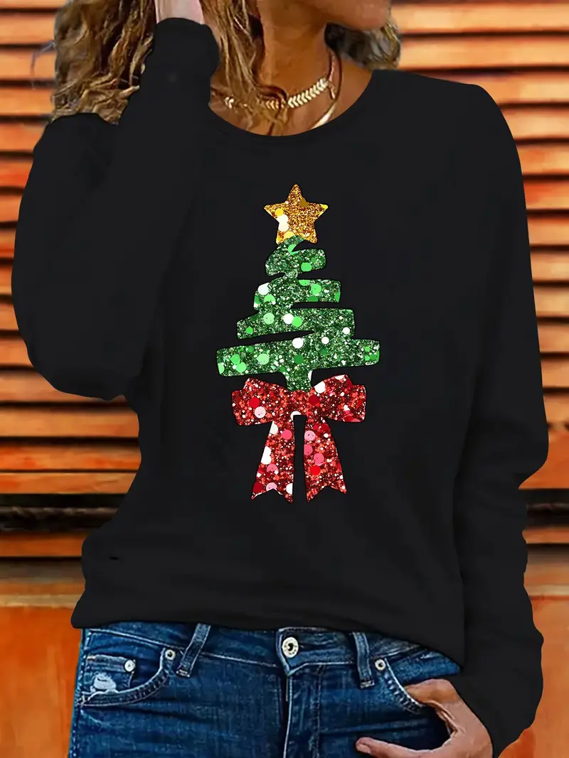 Casual Christmas Crew Neck Long Sleeve T-shirt