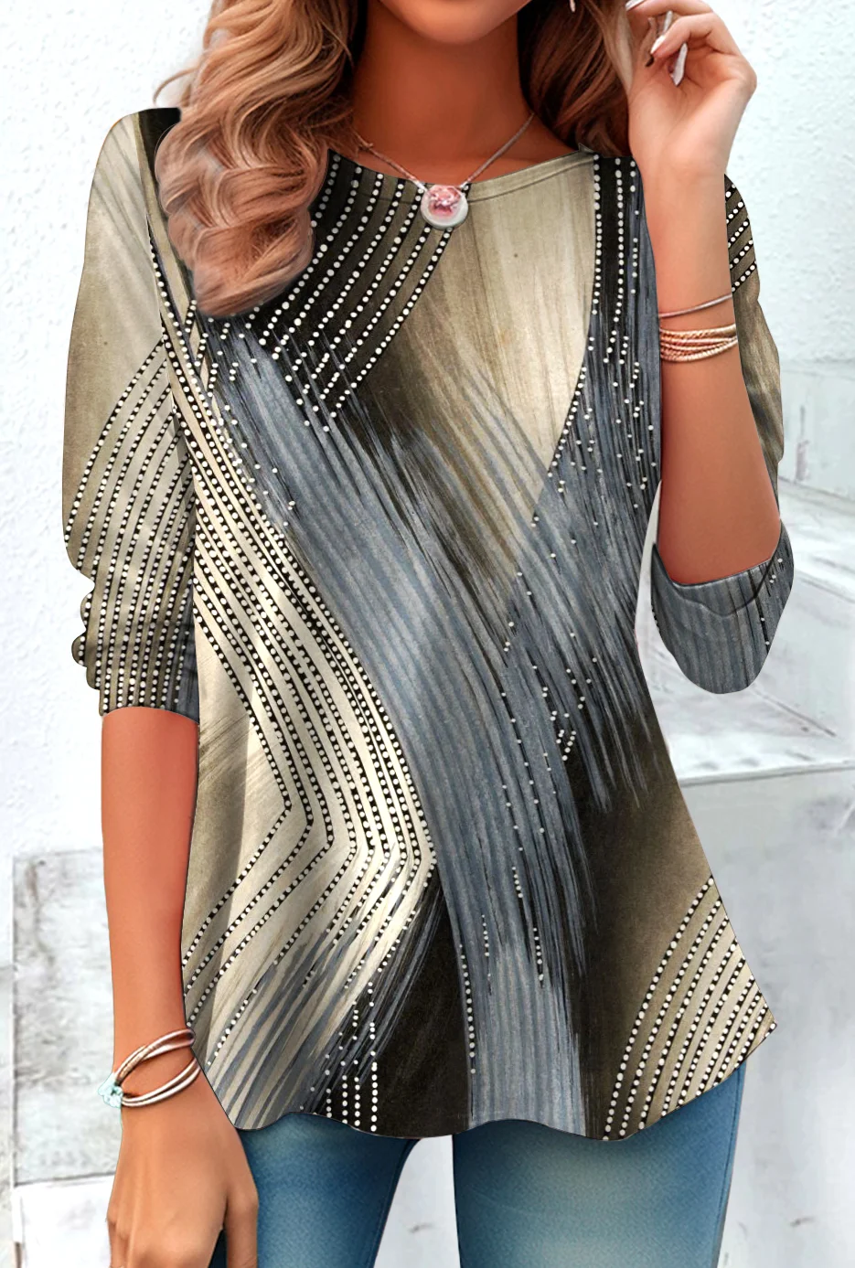 Casual Geometric Crew Neck Long Sleeve T-shirt