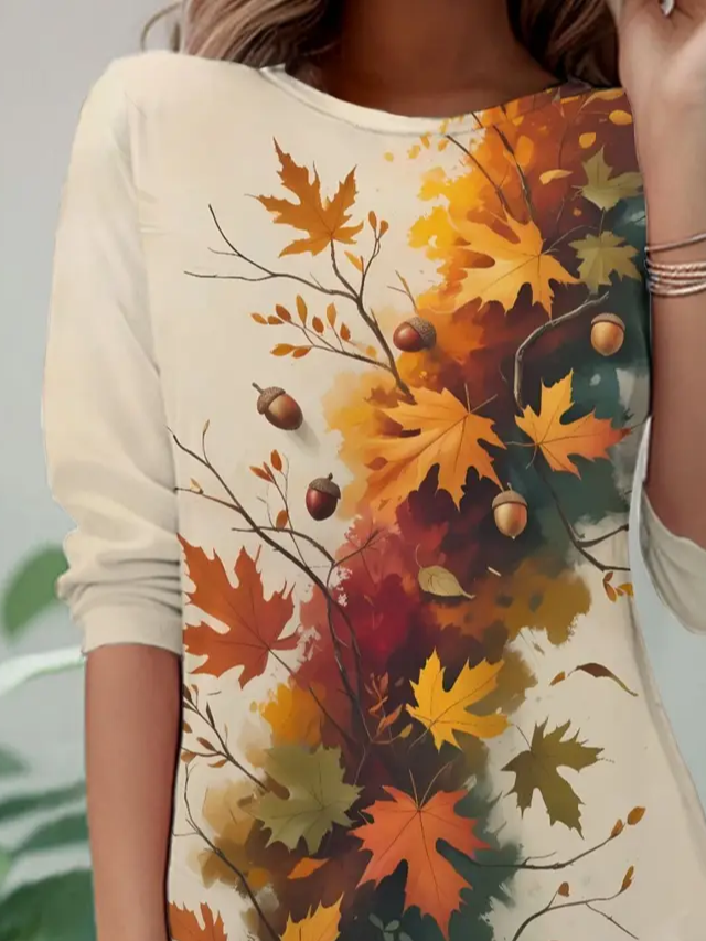 Casual Maple Leaf Crew Neck Long Sleeve T-shirt