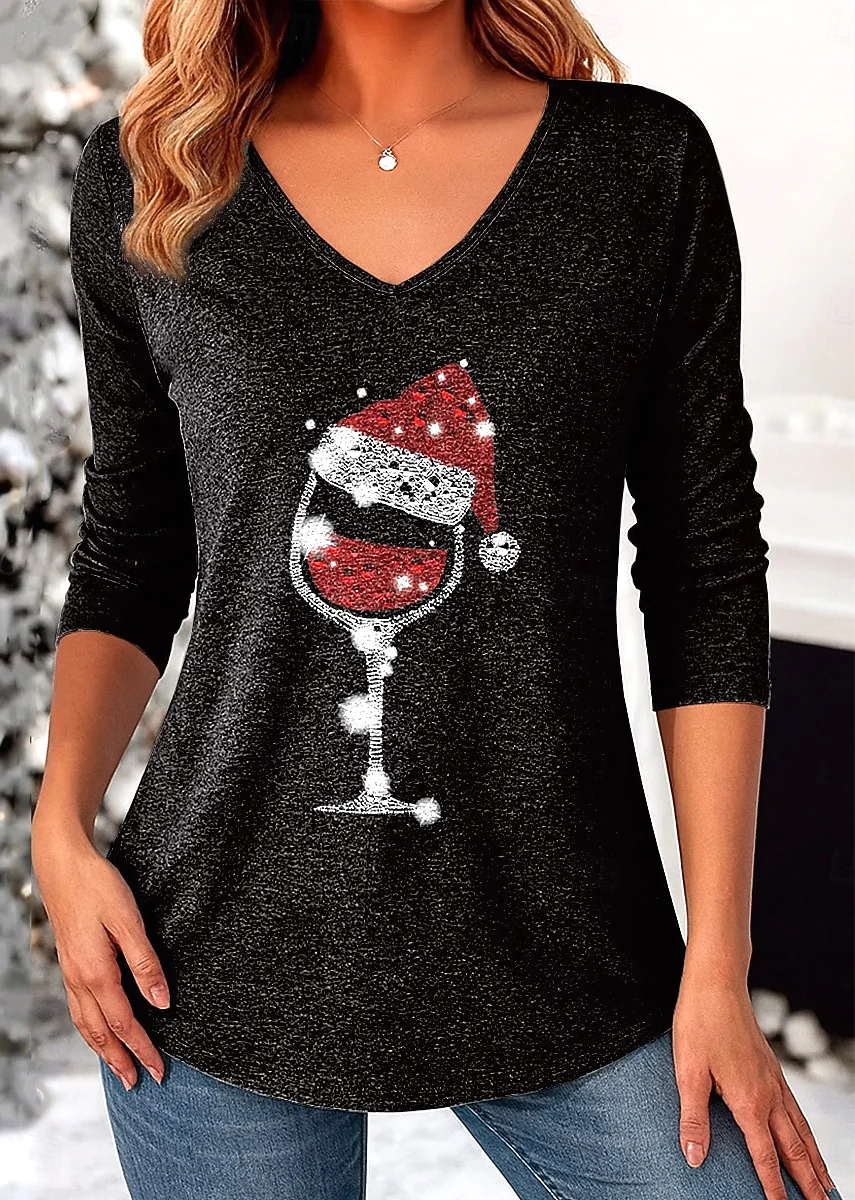 Casual Christmas V Neck Long Sleeve T-shirt