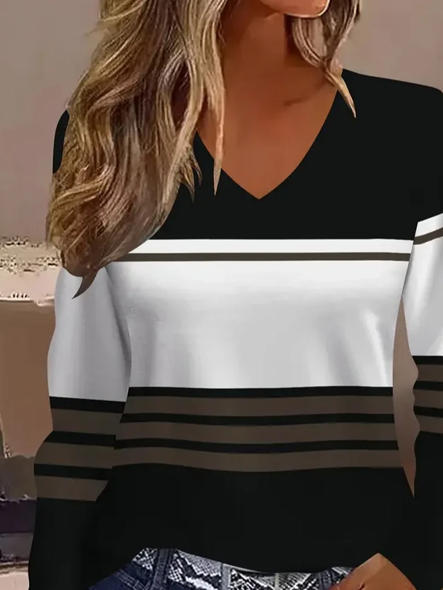 Casual Striped V Neck Long Sleeve T-shirt