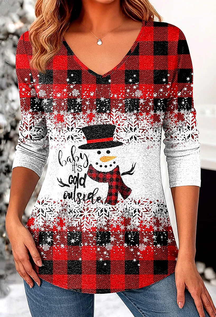 Casual Geometric V Neck Long Sleeve T-shirt