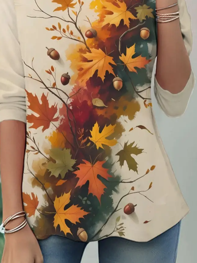 Casual Maple Leaf Crew Neck Long Sleeve T-shirt