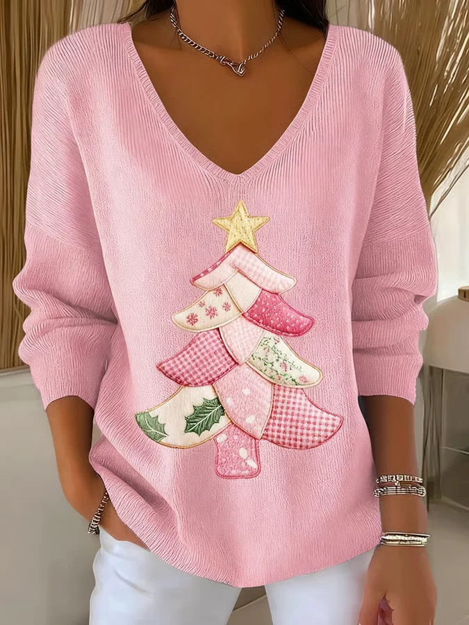 Casual Christmas V Neck Long Sleeve T-shirt