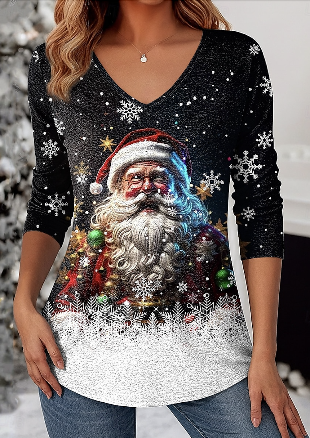 Casual Christmas V Neck Long Sleeve T-shirt