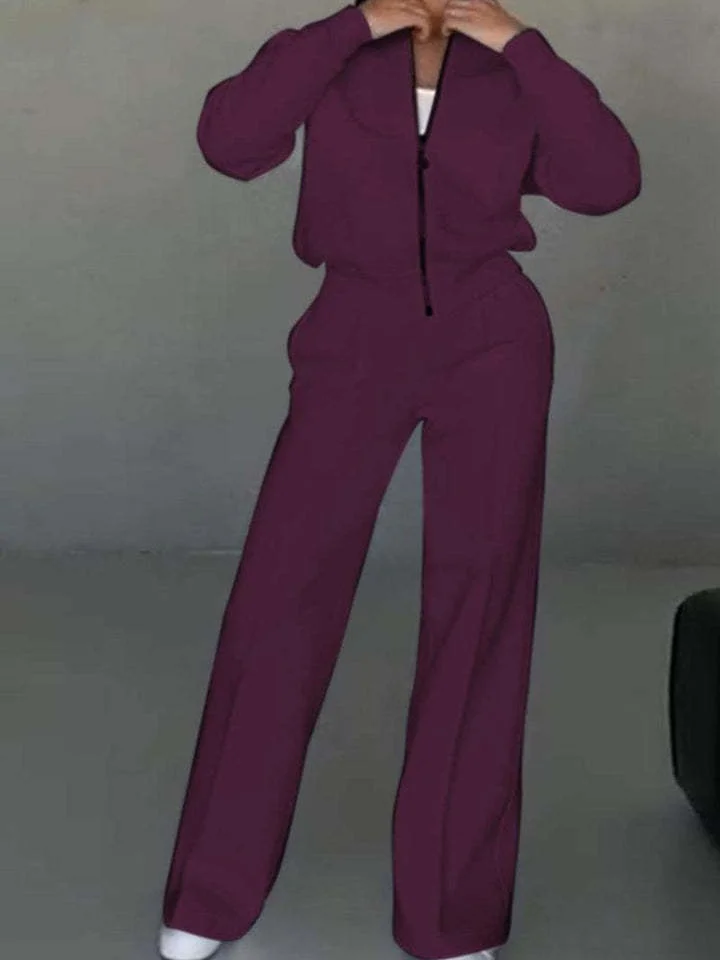 Women Plain Split Joint Two-Piece Set Daily Long Sleeve Casual Spring/Fall Top With Pants Matching Set