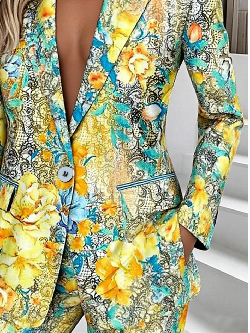 Women Floral Spring/Fall Outerwear Simple Long Sleeve Lapel Collar Regular Blazer