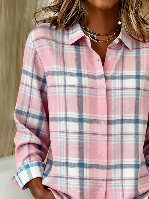 Shirt Collar Regular Sleeve Long Sleeve Plaid Buckle Regular Loose Button Up Shirt Shirt For Women