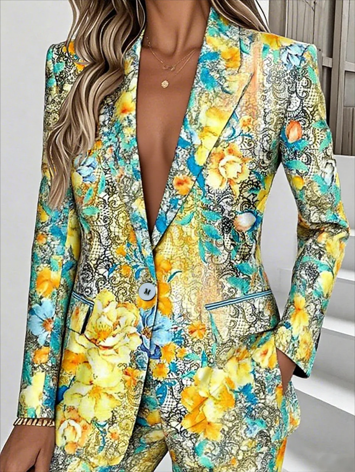 Women Floral Spring/Fall Outerwear Simple Long Sleeve Lapel Collar Regular Blazer