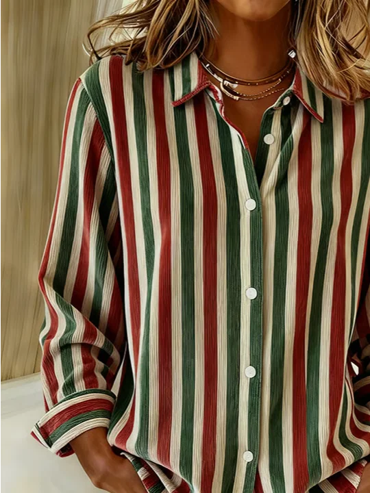 Shirt Collar Regular Sleeve Long Sleeve Striped Buckle Regular Loose Button Up Shirt Shirt For Women