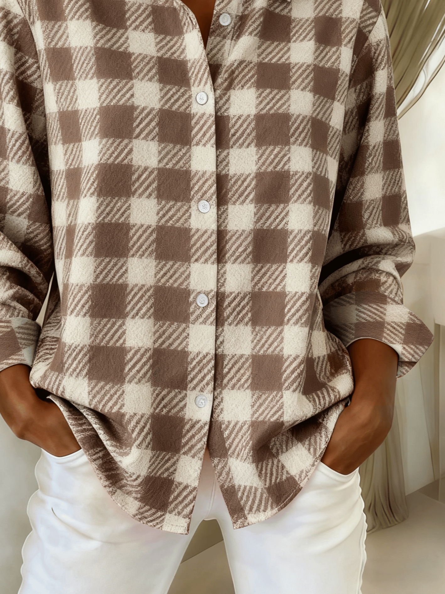 Shirt Collar Regular Sleeve Long Sleeve Plaid Buckle Regular Loose Button Up Shirt Shirt For Women