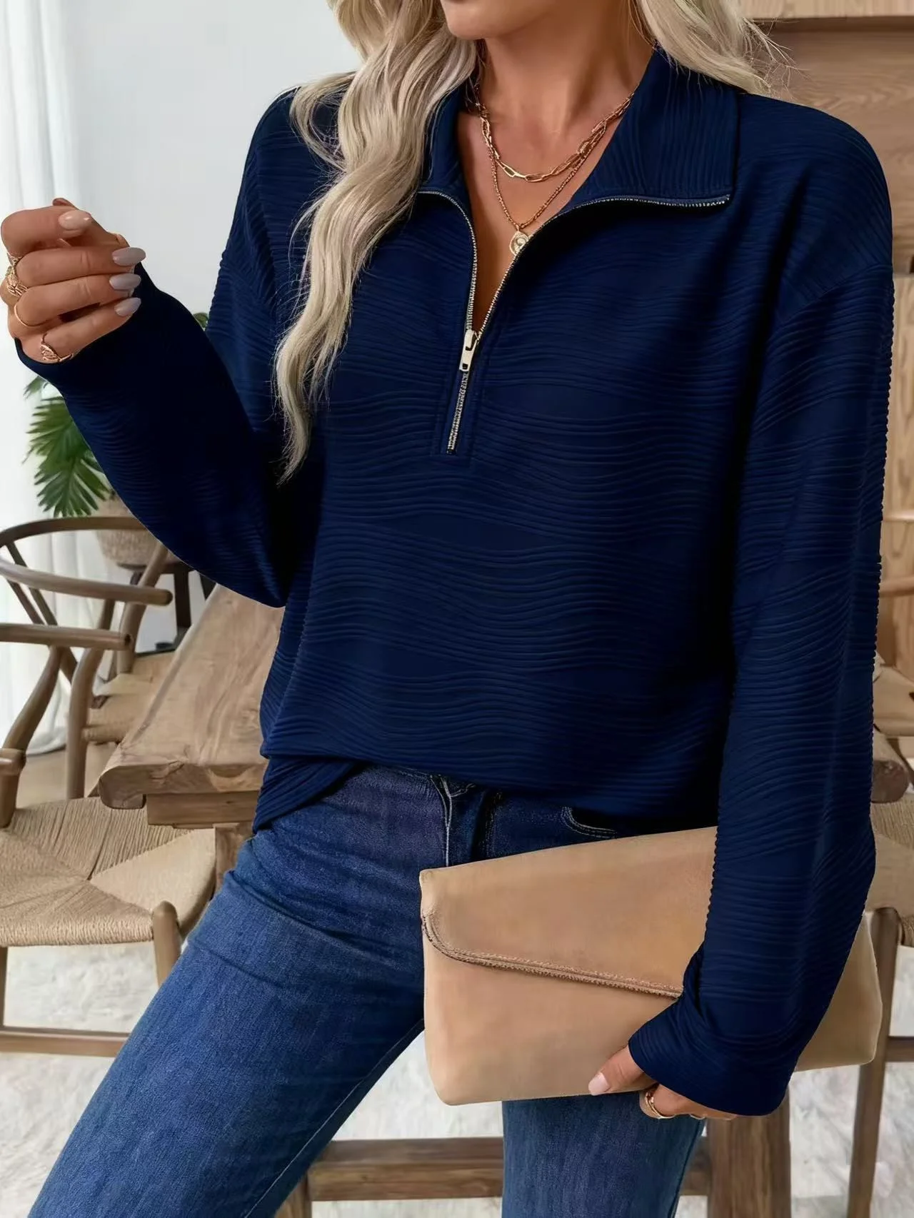 Casual Shawl Collar Plain Sweatshirt