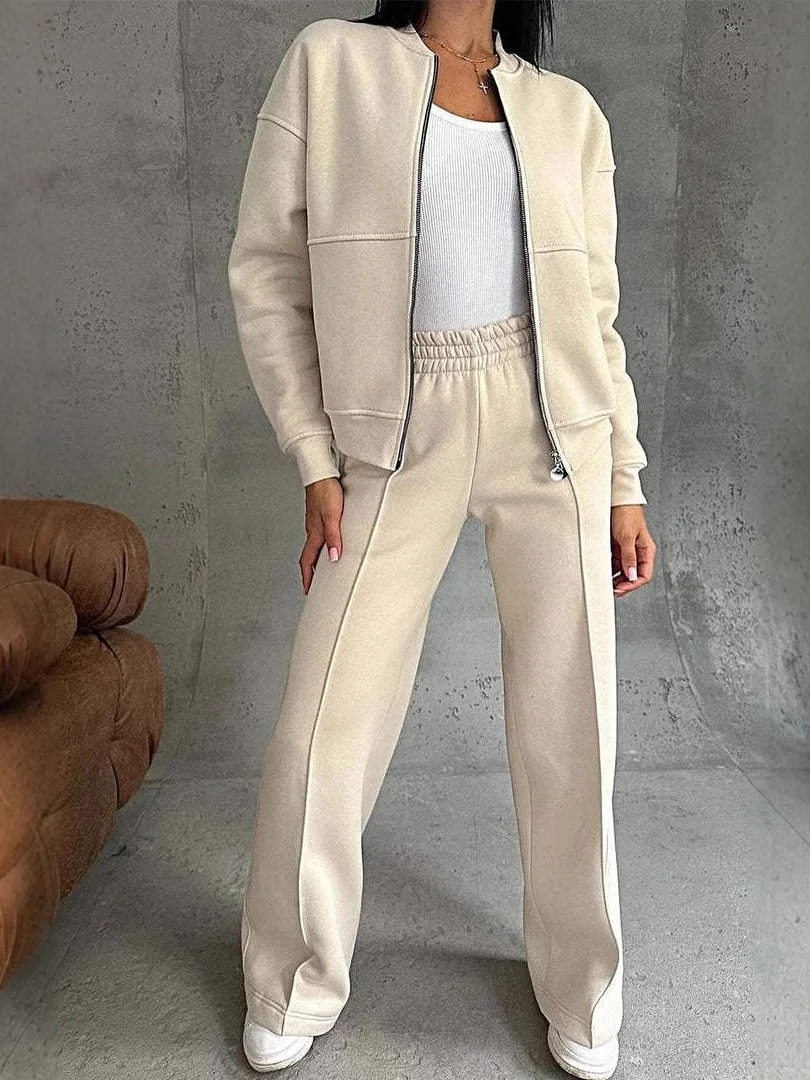 Women Plain Split Joint Two-Piece Set Daily Long Sleeve Casual Spring/Fall Top With Pants Matching Set