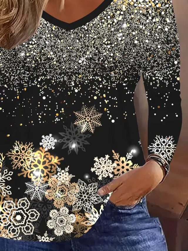 Casual Christmas V Neck Long Sleeve T-shirt