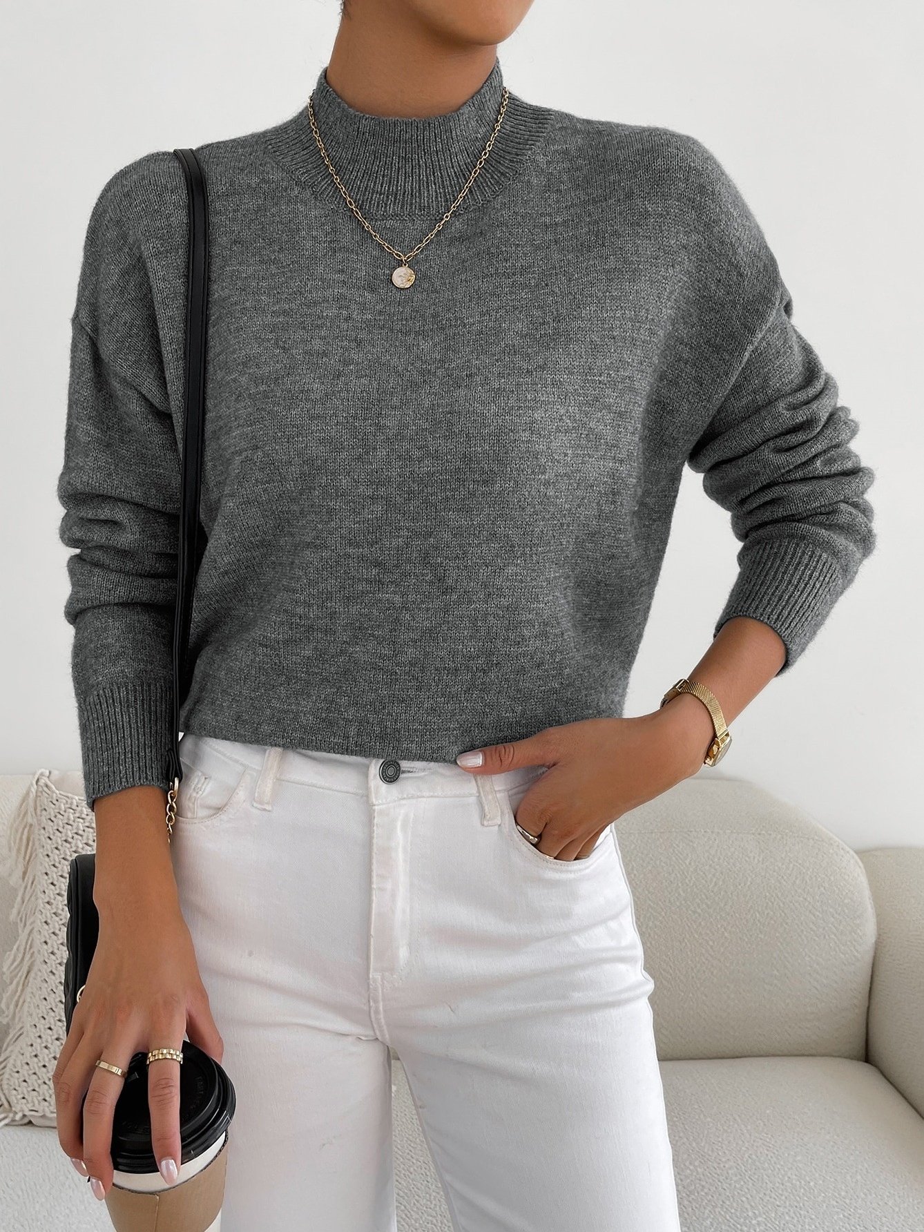 Women Plain Long Sleeve Comfy Street Split Joint Sweater