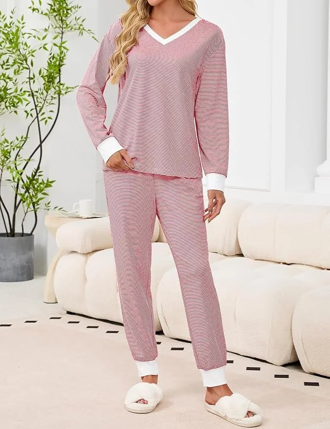 Color Block V Neck Casual Regular Fit Pajama Set