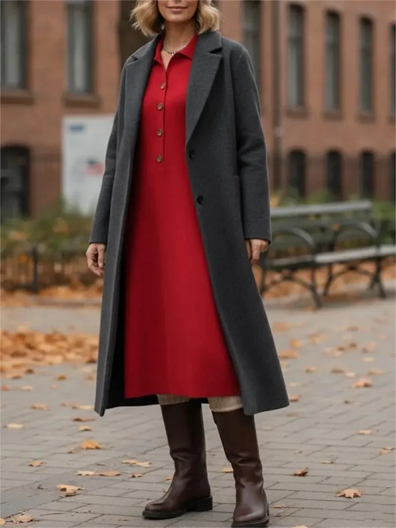 Women Plain Autumn Dress Shawl Collar Long Sleeve H-Line Dress