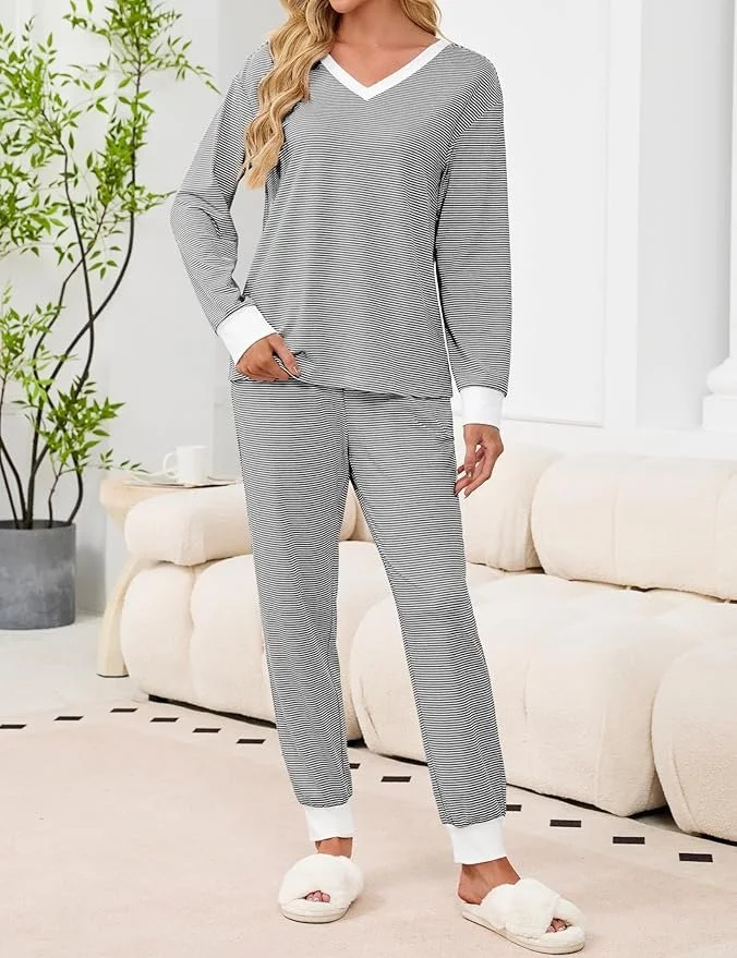 Color Block V Neck Casual Regular Fit Pajama Set