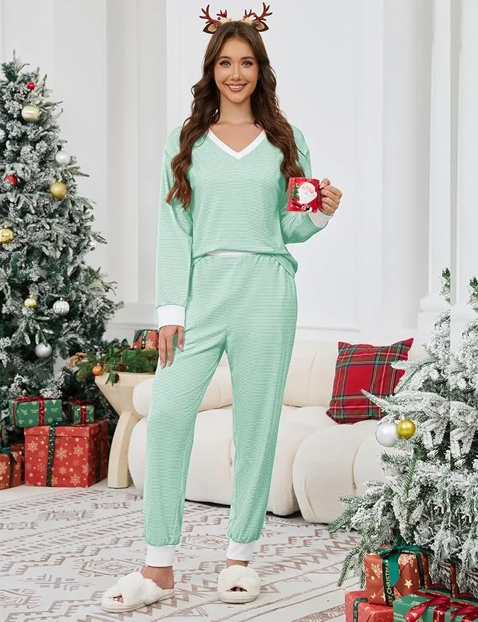 Color Block V Neck Casual Regular Fit Pajama Set