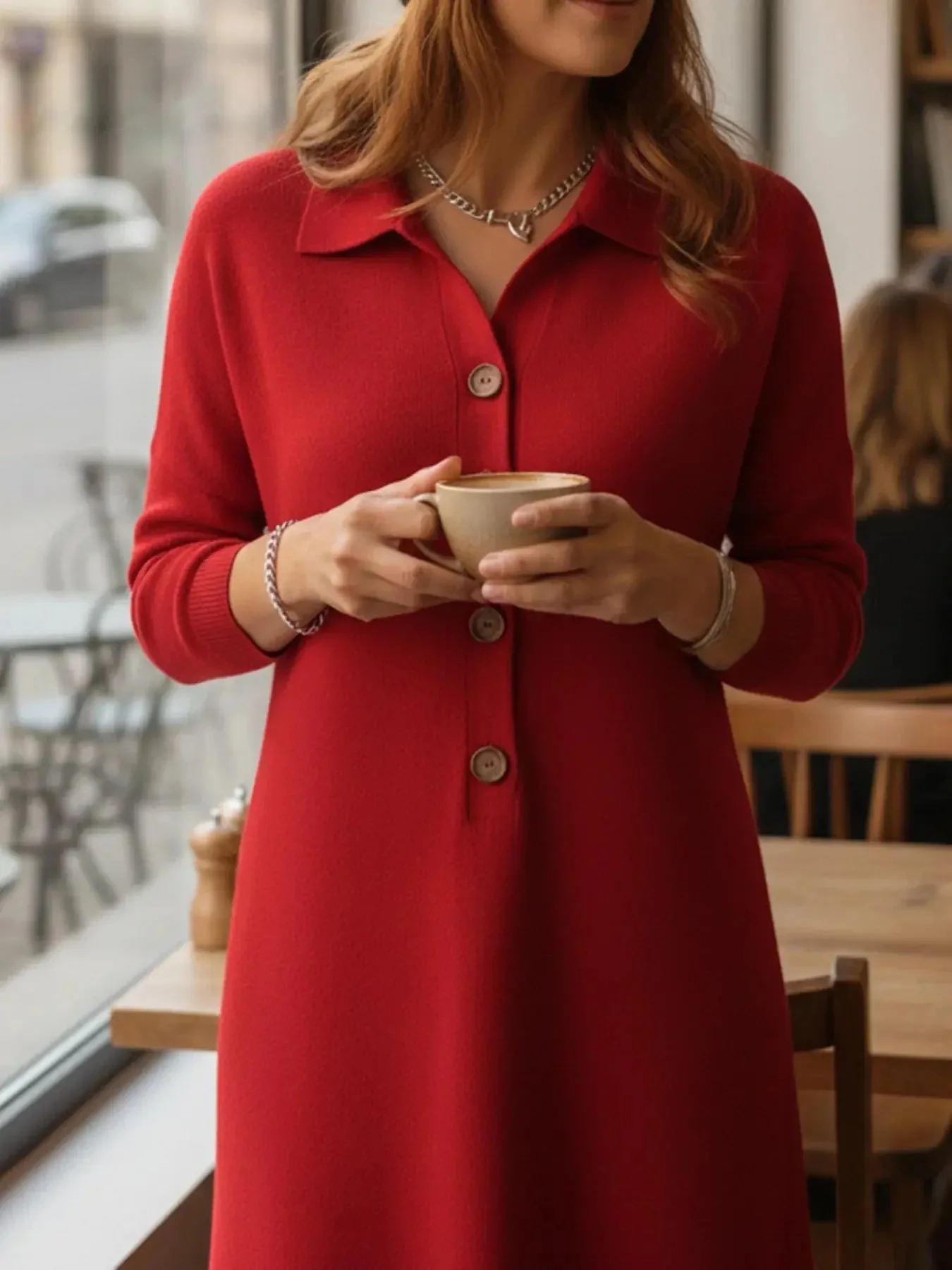 Women Plain Autumn Dress Shawl Collar Long Sleeve H-Line Dress