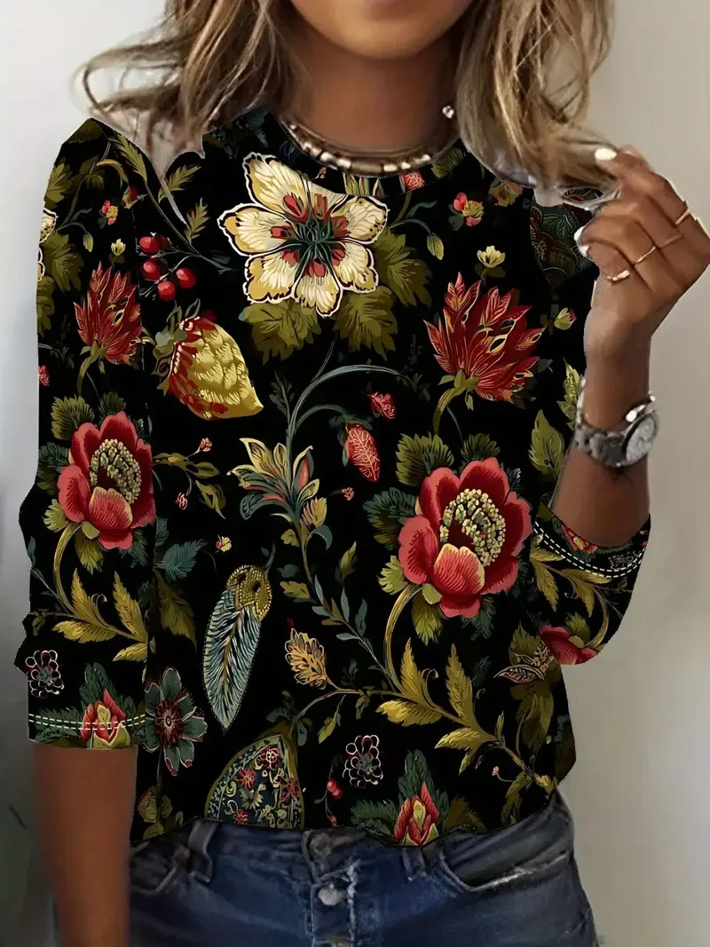 Casual Floral Crew Neck Long Sleeve T-shirt