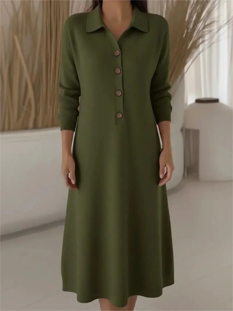 Women Plain Autumn Dress Shawl Collar Long Sleeve H-Line Dress