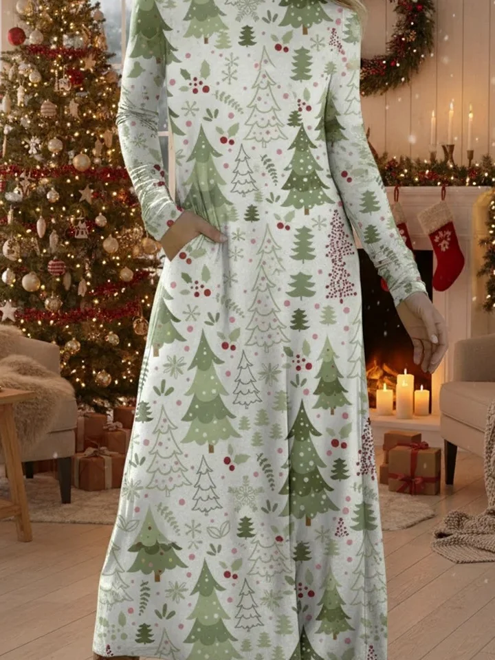 Women Christmas Summer Dress Crew Neck Long Sleeve H-Line Dress
