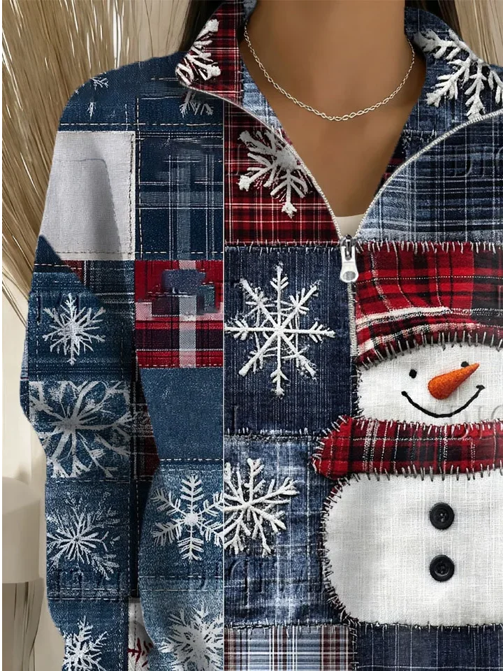 Casual Shawl Collar Christmas Snowman Sweatshirt Printing
