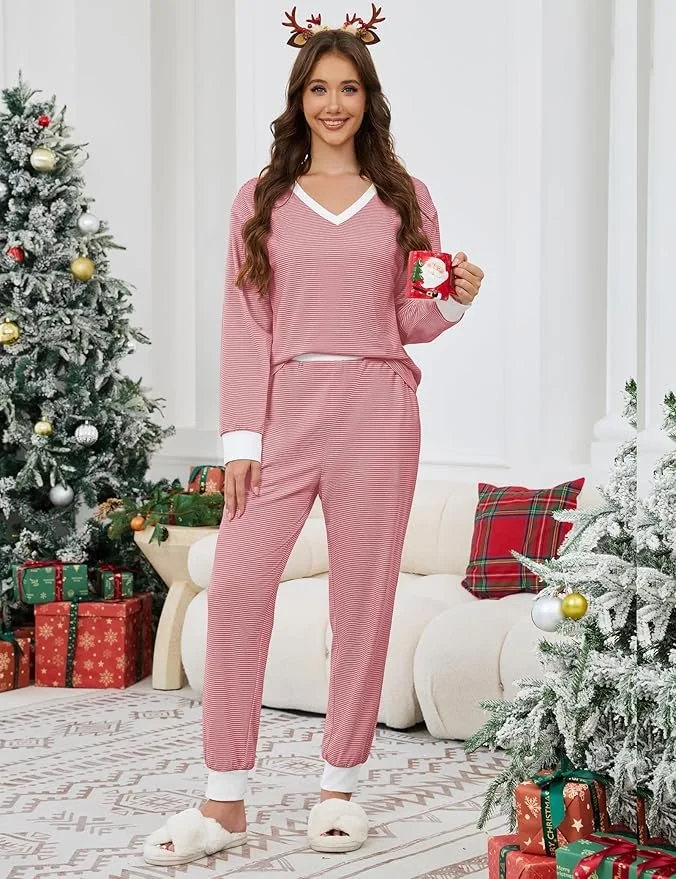 Color Block V Neck Casual Regular Fit Pajama Set