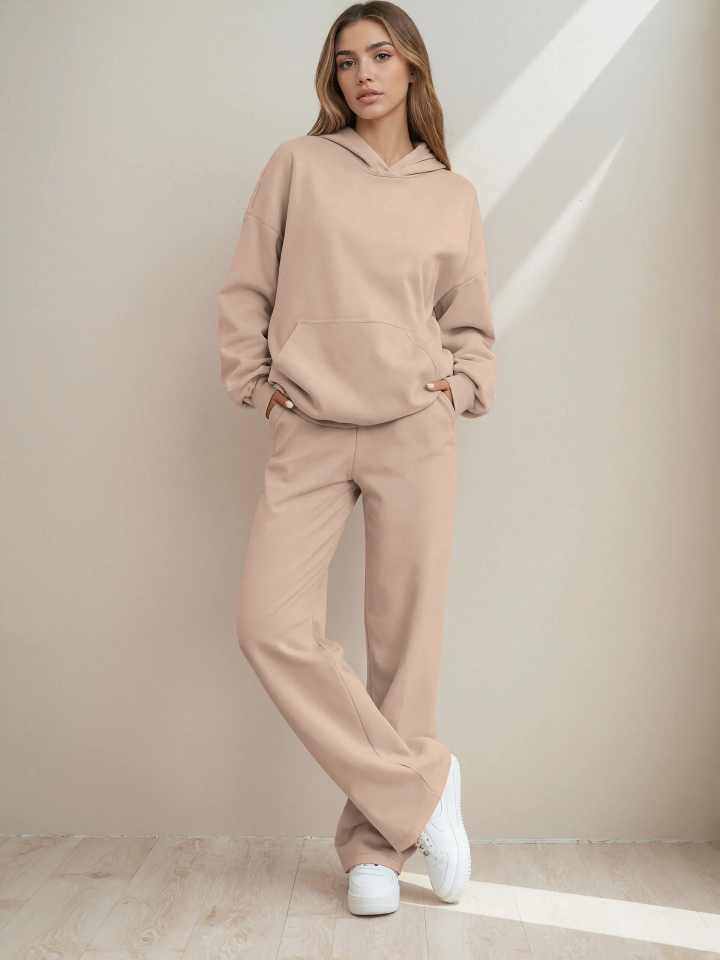 Women Plain Two-Piece Set Daily Long Sleeve Casual Spring/Fall Top With Pants Matching Set