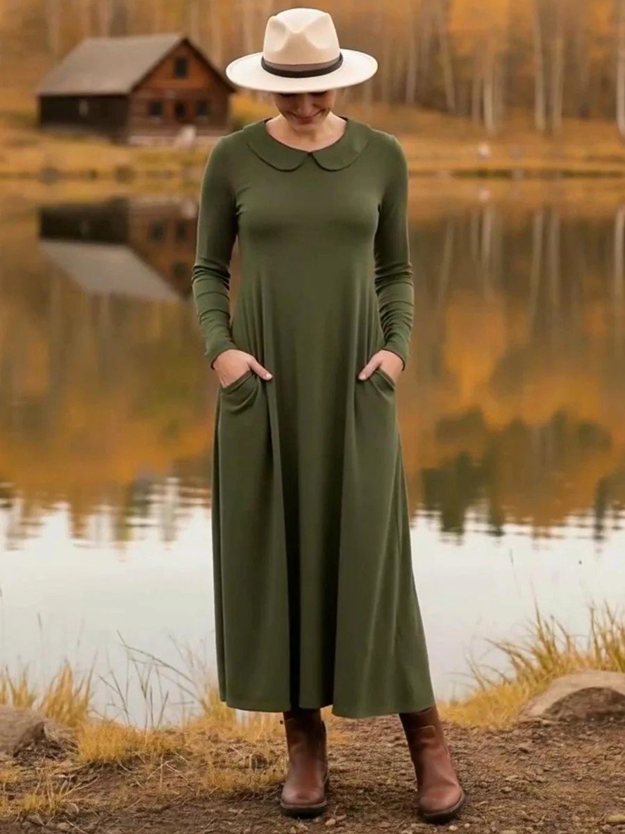 Women Plain Spring/Fall Dress Shawl Collar Long Sleeve A-Line Dress